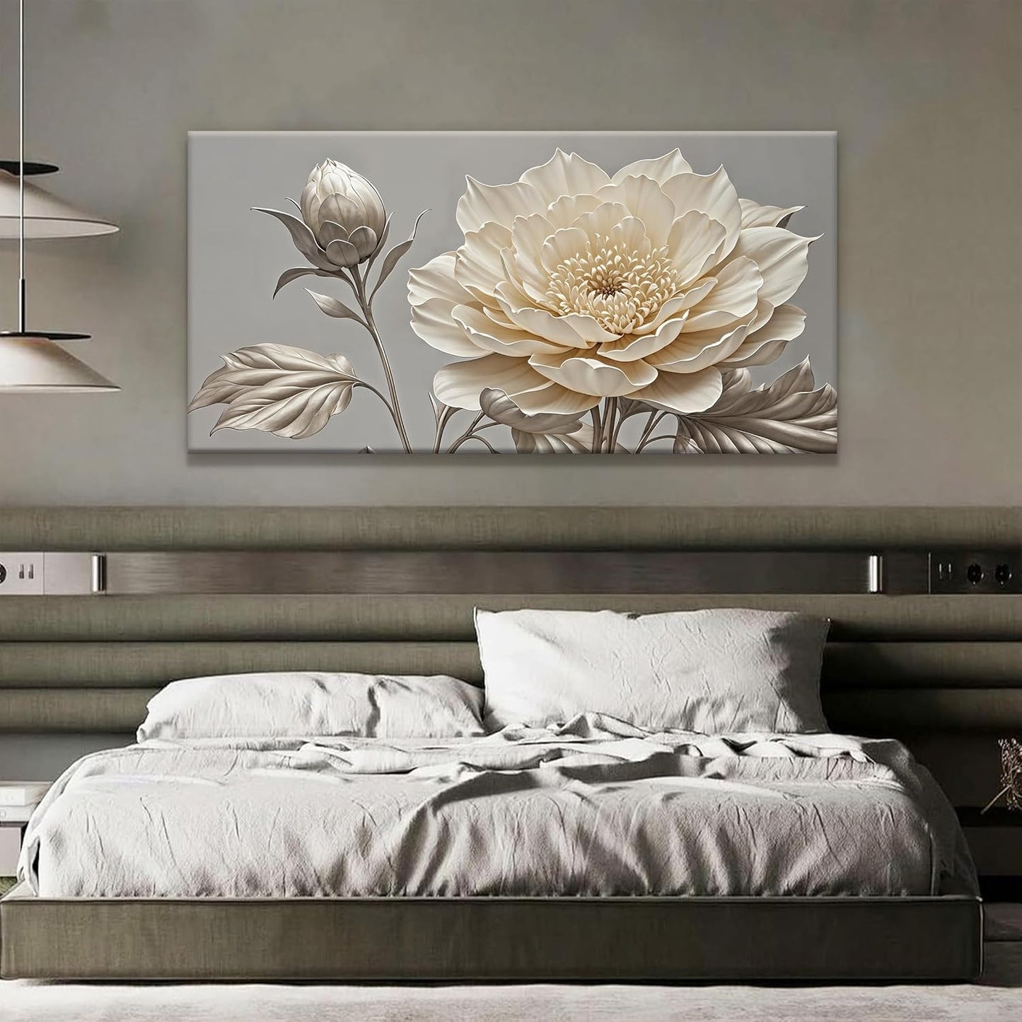QSQ White Wall Art For Living Room Silver White Flower Wall Art Print Modern Canvas Art Wall Decor Home Decor Suitable Pictures For Bedroom Apartment Office Can Be Hung 24" X 48"