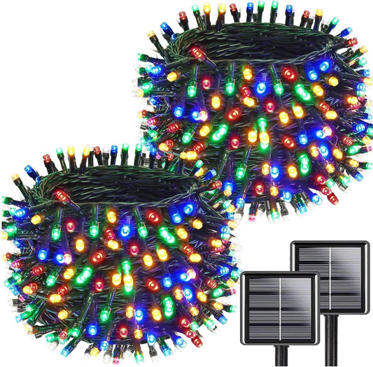 Multicolor Solar String Lights Outdoor Waterproof 2PK 200LED 66FT Twinkle Lights Auto On/Off Solar Powered LED Fairy Light Green Wire with 8 Modes for Christmas Tree Party Decorations (Multicolor)