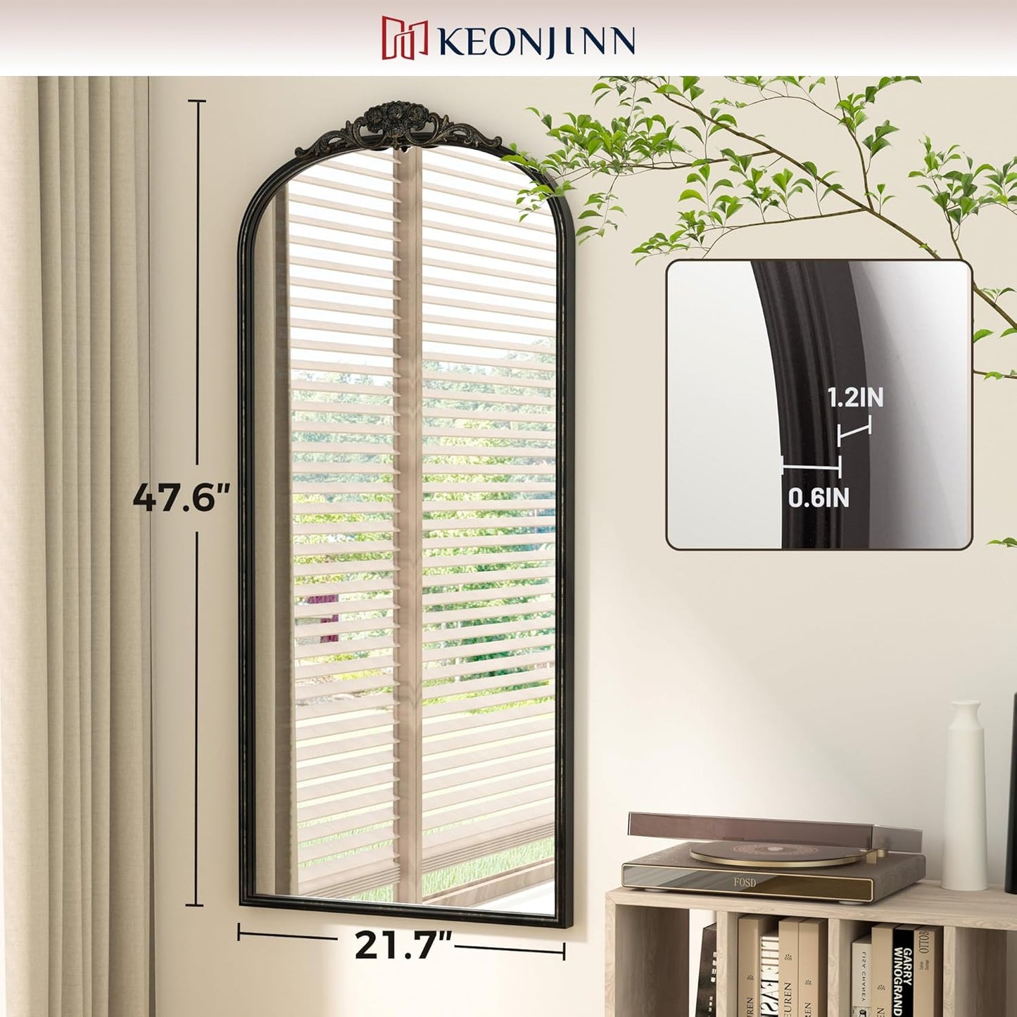 Keonjinn Arched Wall Mirror, 48" x 22" Vintage Mirror Full Length, Black Traditional Decoration Baroque Style, Ornate Mirrors for Hallway, Fireplace, French Cleat Mounting