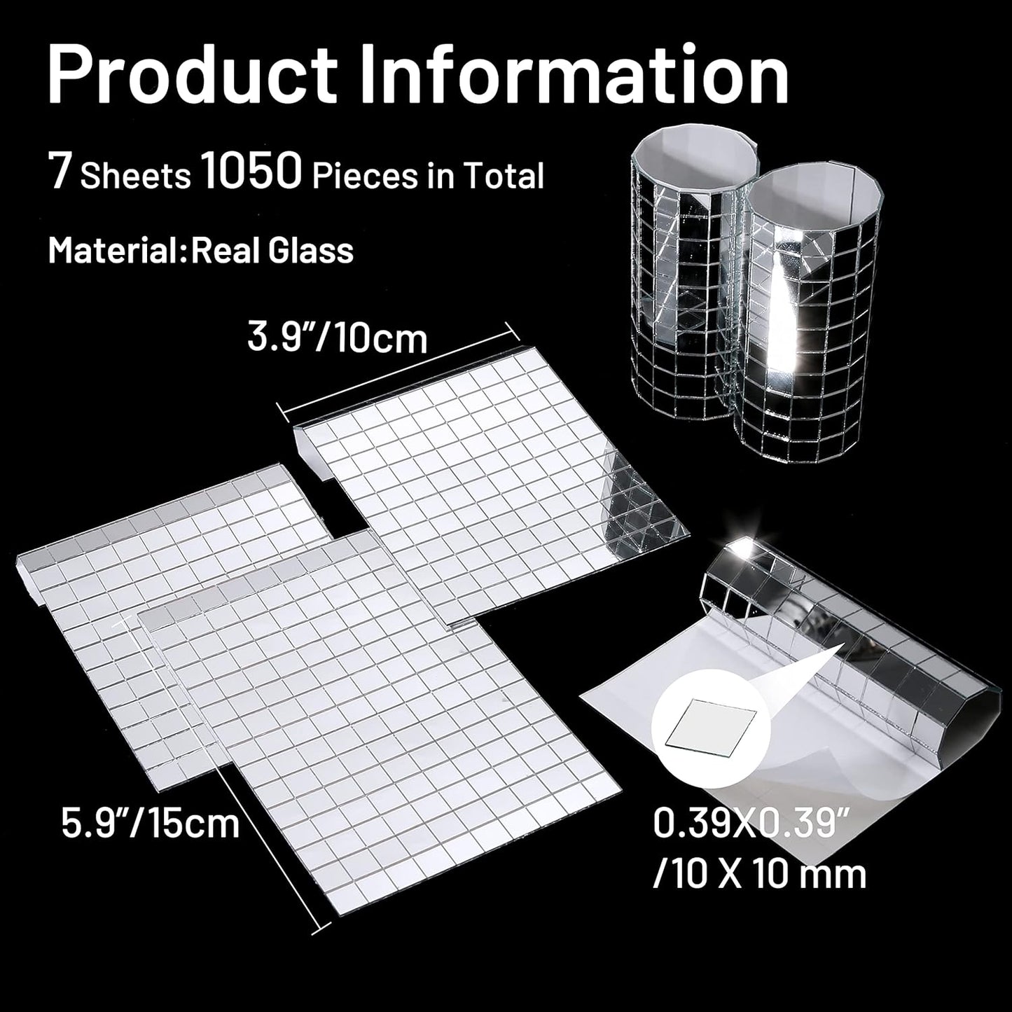 PP OPOUNT 1050 PCS Disco Ball Tiles, 10 x 10 mm Self-Adhesive Disco Tapes for DIY Craft Decoration, Small Mirror Tiles for Disco Balls, Art Collage, Indoor Outdoor Decoration(Silver)