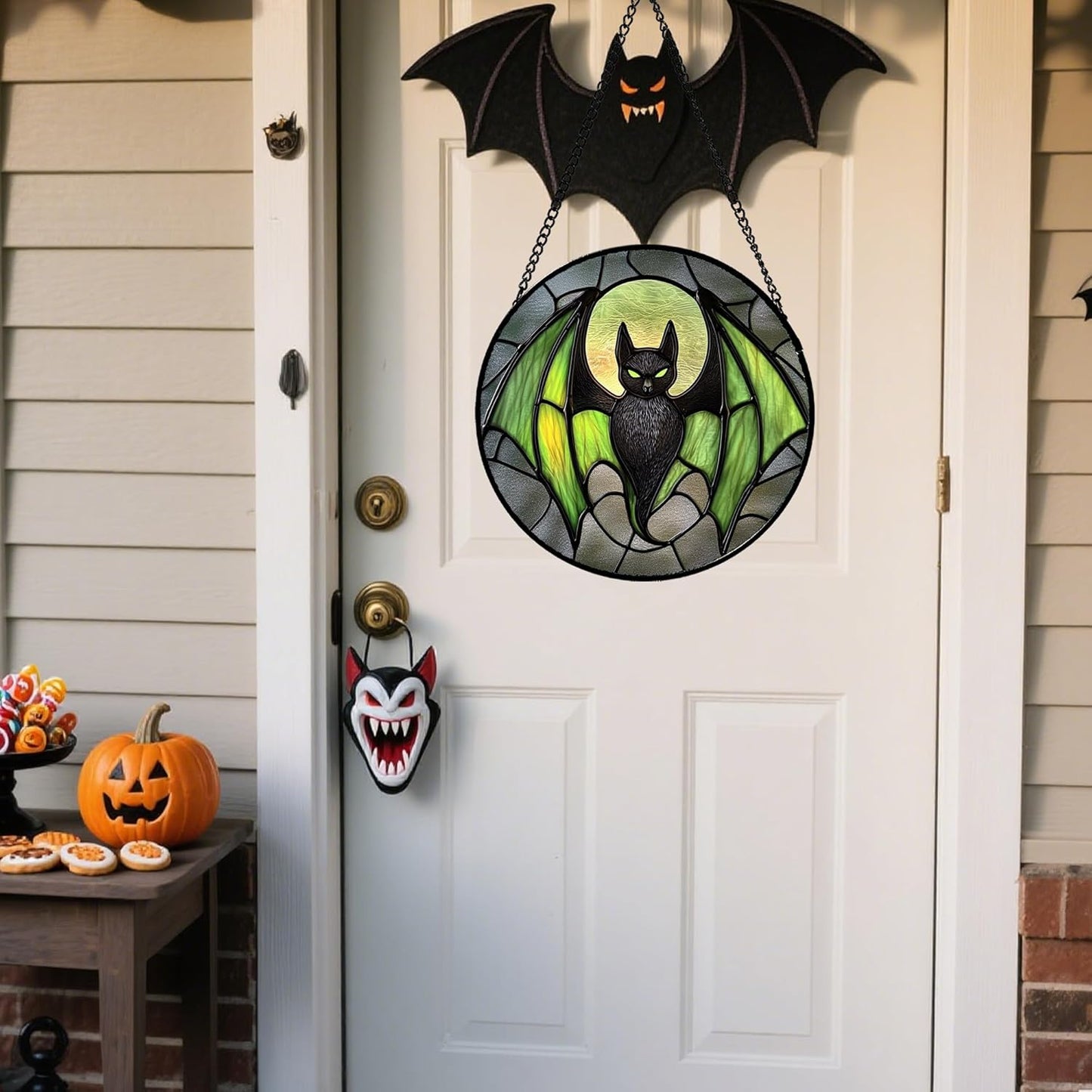 Stained Glass Window Hanging - Halloween Black Bat Green Wings Monster Suncatcher for Doors Garden Home Spooky Sun Catchers Gothic Decor Horror Gift for Women Men Friend Boy Girl 11.8 in
