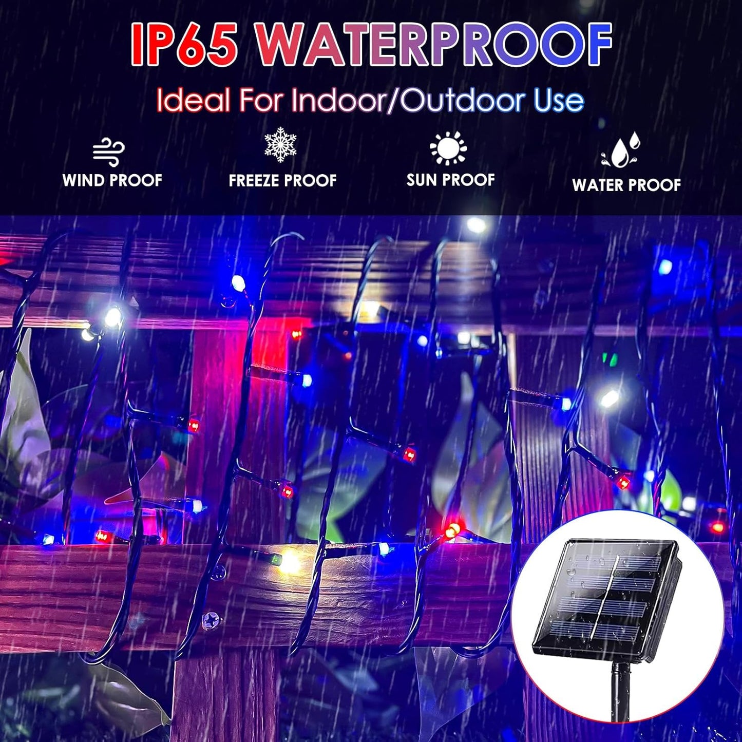 4th of July Decorations Outdoor, 4pk Red White and Blue Solar String Lights, 400LED 132FT LED Patriotic Light Waterproof, Solar Fairy Twinkle Light for Independence Day Yard Garden Tree Decorations