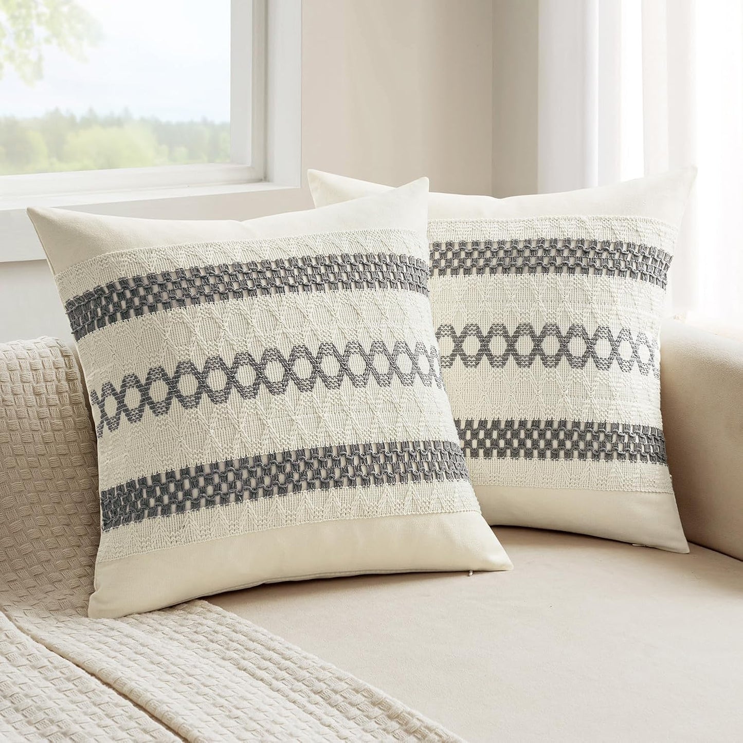 MIULEE Set of 2 Gray Boho Decorative Pillow Covers 18x18 Inch Farmhouse Rustic Couch Throw Pillows Modern Spring Cotton Cushion Covers Retro Cute Macrame Woven Home Decor for Bed Sofa Chair