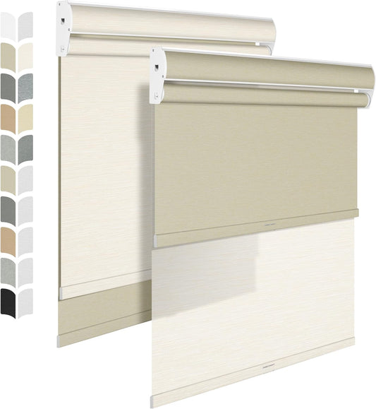 BERISSA Cordless Dual Roller Shades with Cassette Valance, Double Blackout and Light Filtering Shades, Day and Night for Home Office Door. Striped Jacquard Beige. 63 W x 44" H