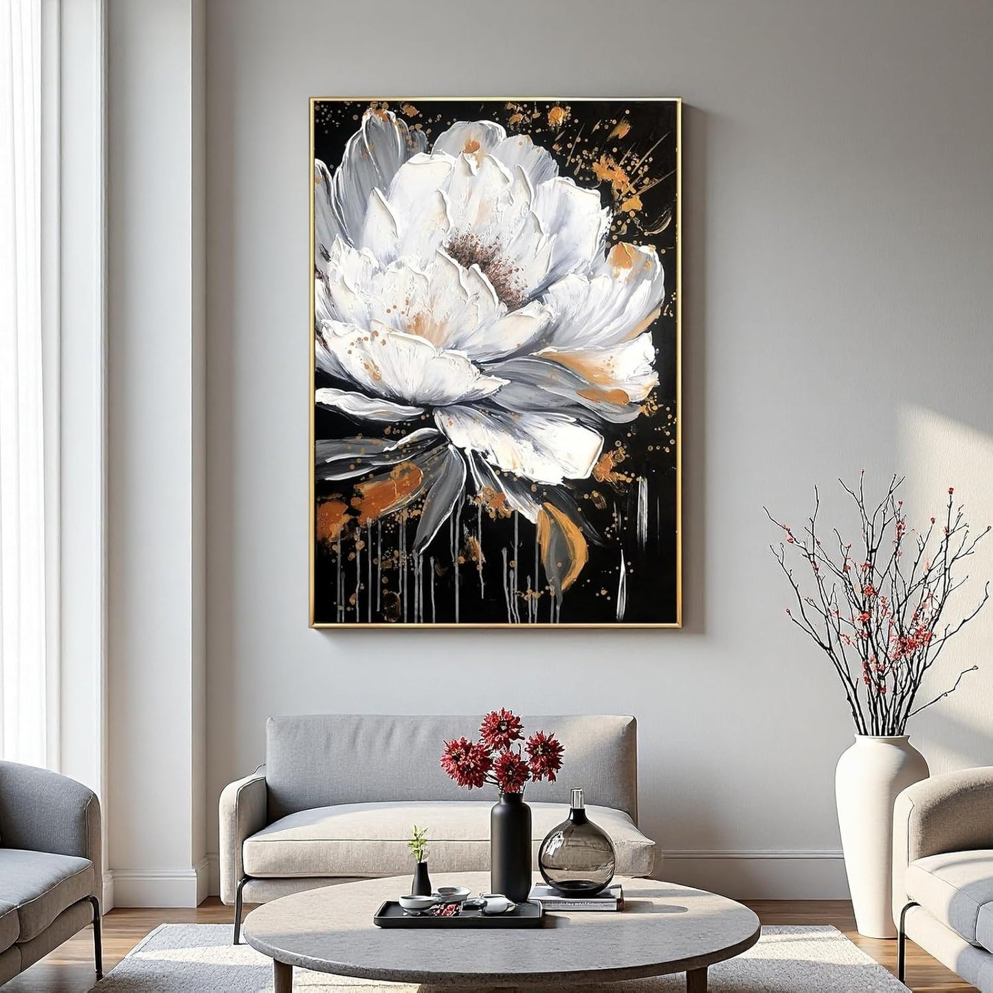 Framed White and Black Flower Wall Art for Study,Hand Painted Floral Oil Painting for Bedroom,Modern Textured 3D Artwork Office Kitchen Decor 28x40inch