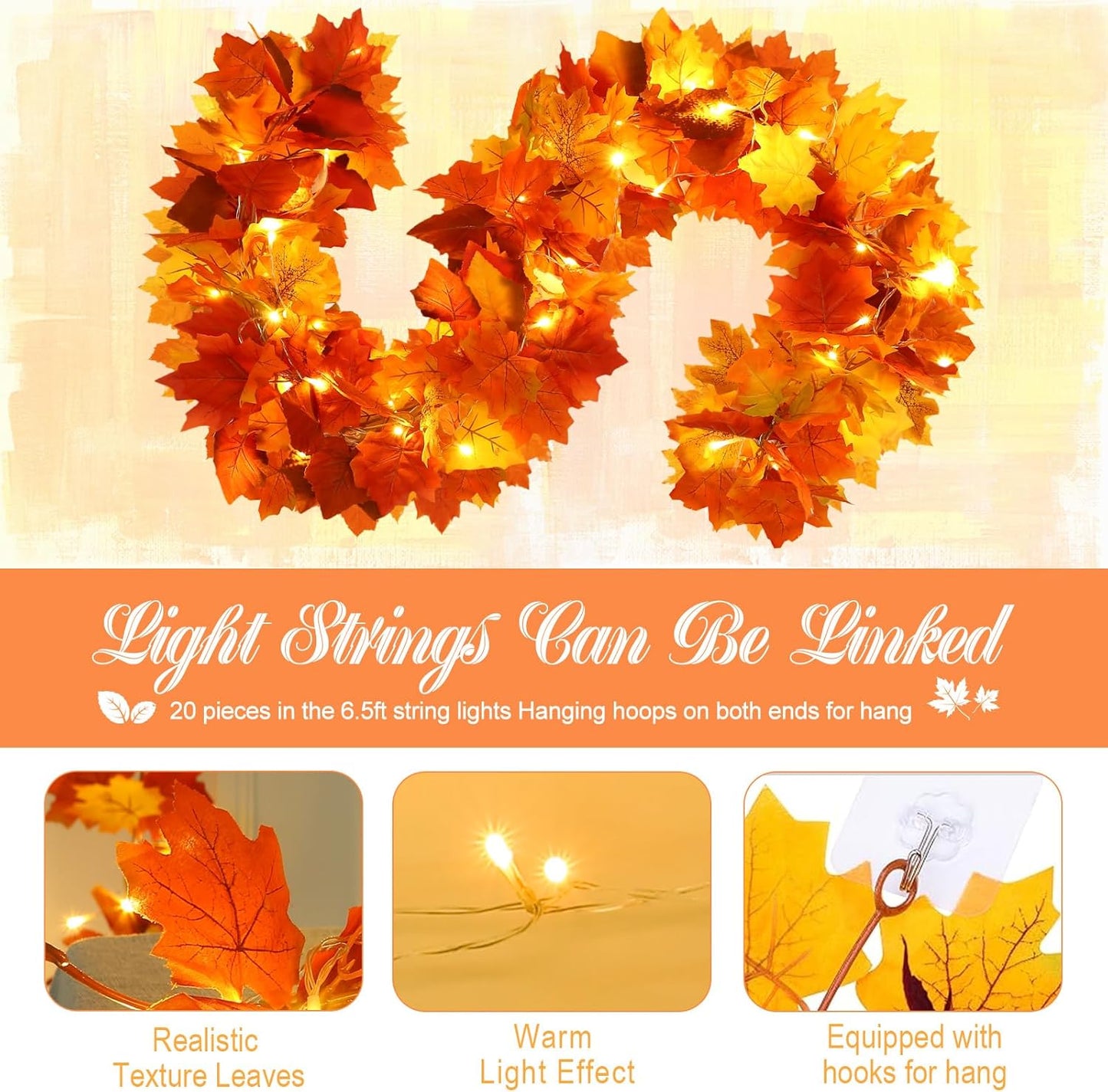 Joyhalo 4 Pack Fall Garland with Lights, Fall Leaves for Mantle, Outdoor Lighted Up Leaf Garland Autumn Decor with 6.5FT LED String Lights, Hanging Maple Leaves for Door, Thanksgiving Decor