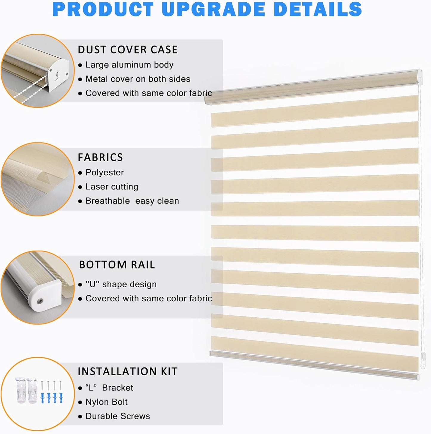 Zebra Blinds for Windows, Free-Stop Zebra Shades, Dual Layer Light Filtering Sheer Blinds for Indoor Windows, Roller Window Shades for Privacy (37" W X 72" H, Cream)