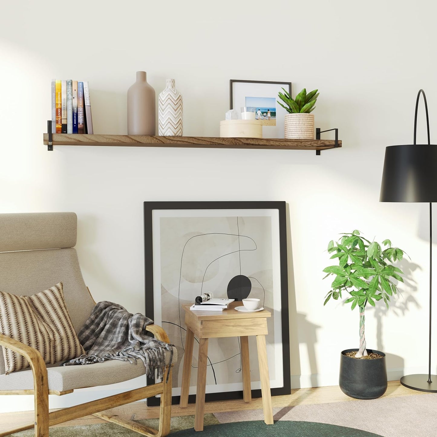 Wallniture Toledo 60 inch Floating Shelf with Heavy Duty Bookend Brackets, Wooden Shelves for Wall, 1pc, Burnt Finish