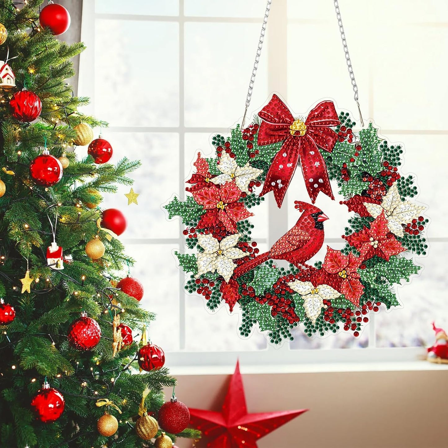MEIYUDA Christmas Diamond Art Hanging Kits for Adult, Cardinal Wreath Diamond Painting Hanging Kits Ornaments, DIY Special Shaped Rhinestone Window Pendants kit for Home Garden Wall Decor Gift