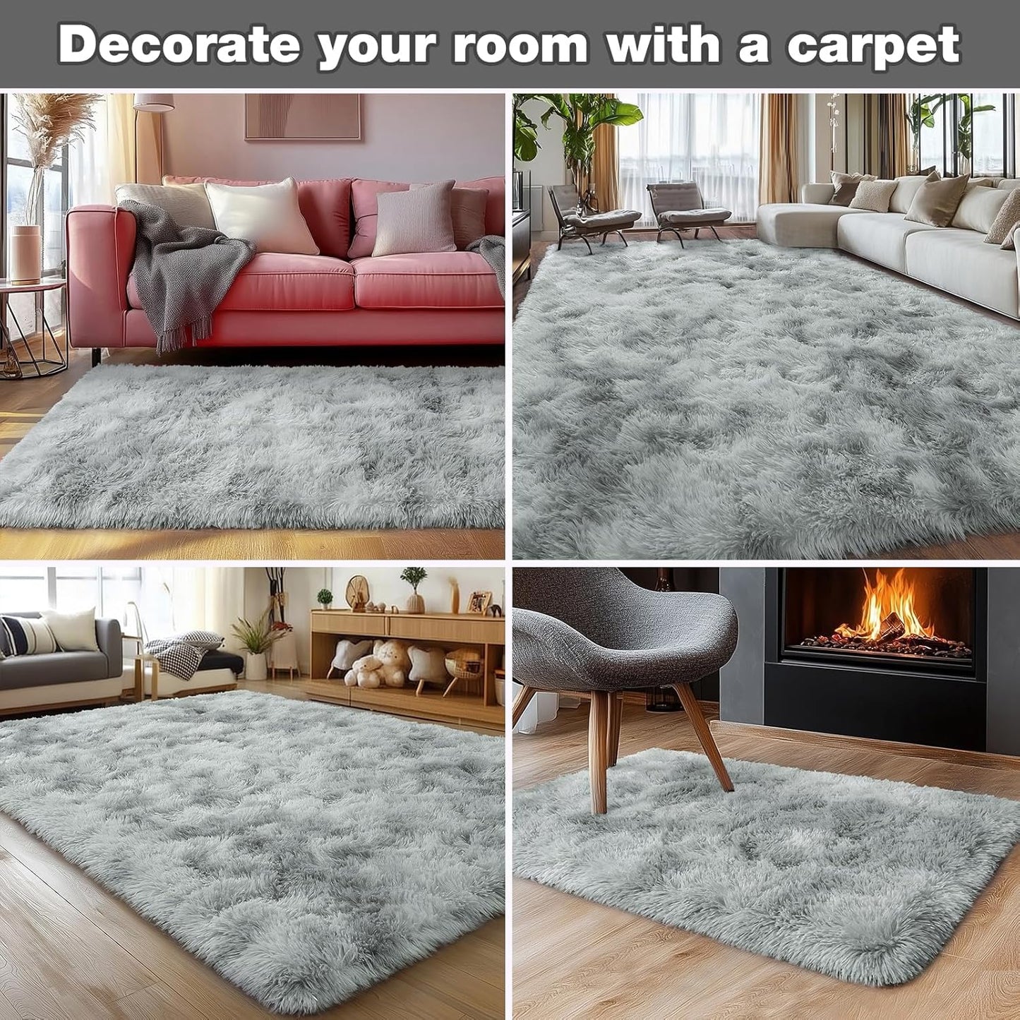 Rezutan Fluffy Rug Runners 2x6, Super Soft Grey Tie-Dyed Bedside Runner Rug for Bedroom Girls, Non-Slip Hallway Decor