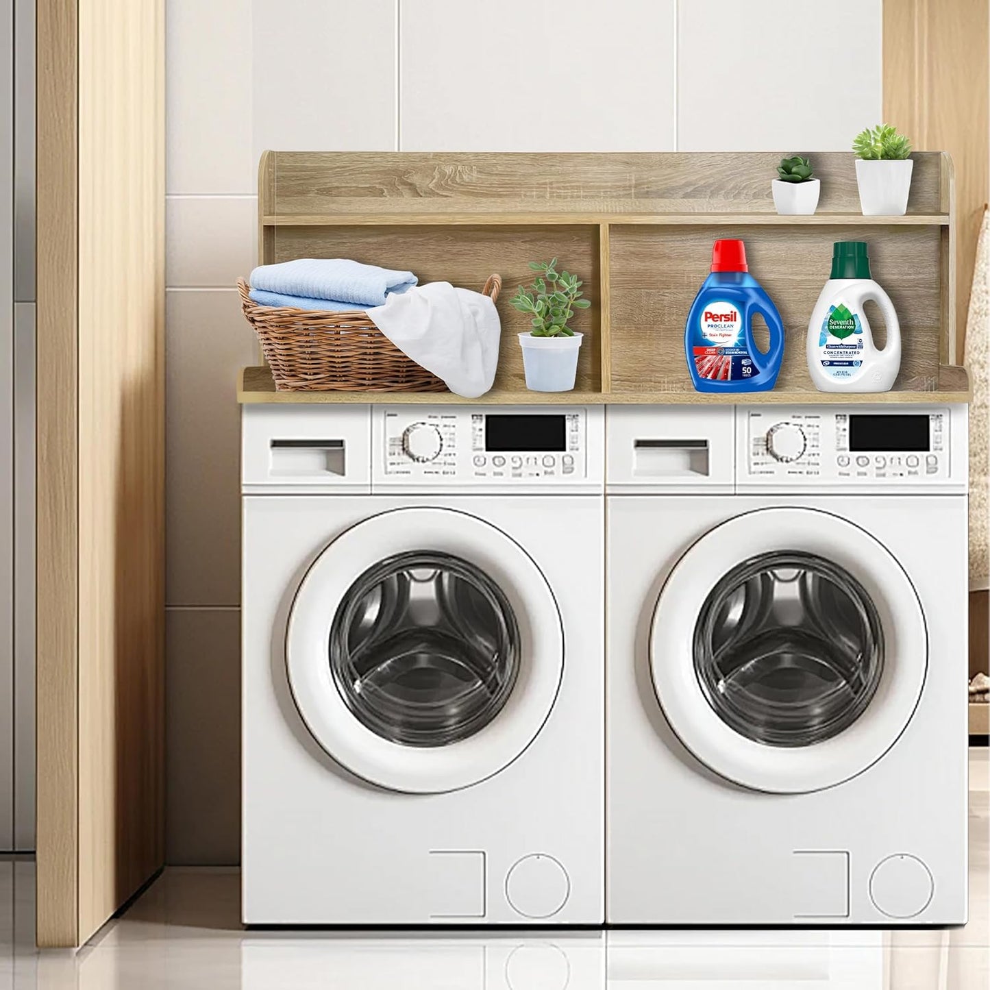 Royxen 2-Tier Washer Dryer Countertop,19.5"H Wood Washer and Dryer Topper with Shelf,Laundry Countertop Over Washer and Dryer, Universal Fit for Laundry Room Organization (White Oak, 54"W X 27.5"D)