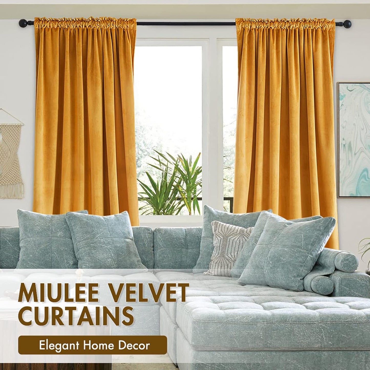 MIULEE Mustard Yellow Velvet Curtains Thermal Insulated Blackout Curtain Fall Drapes for Bedroom Living Room Darkening 84 Inches Long Curtains Panels Rod Pocket Set of 2