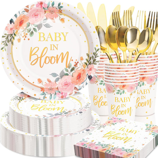 350 Pcs Baby in Bloom Baby Shower Decorations for Girl, Its a Girl Baby Shower Plates and Cups and Napkins Sets, Pink Floral Baby in Bloom Plates and Napkins Sets, Serves 50