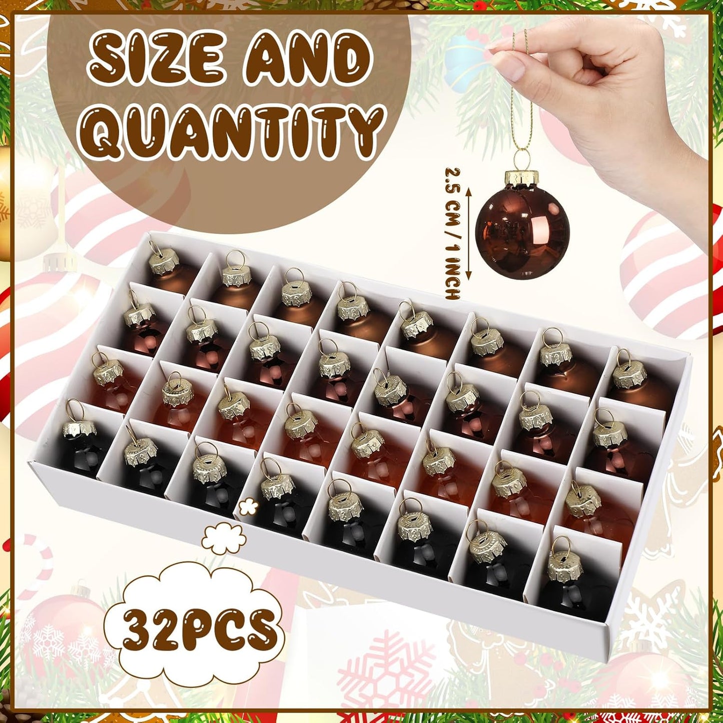 Tioncy 32 Pcs 1 Inch Mini Glass Christmas Ornaments Balls Shiny Christmas Balls Tiny Tree Hanging Decoration Small Colorful Ball Pendant for Xmas Party Supplies(Multi Brown, Black)