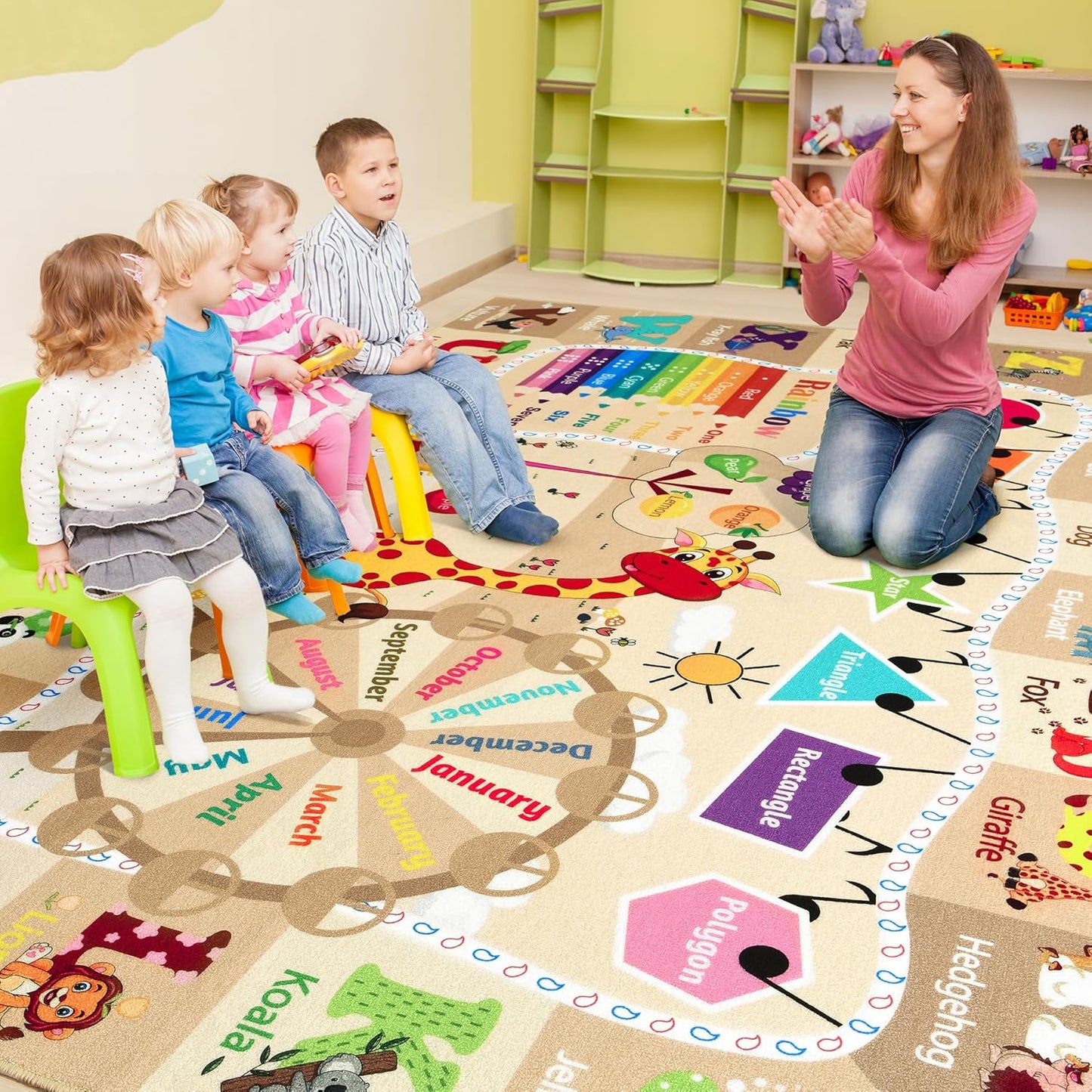 4x6 Playroom Rugs for Kids Washable, Educational and Fun Playmat with ABC Alphabet Animals Shapes Colors, Non-Slip Play Mat Learning Rugs for Baby Toddler Children Game Activity, Beige