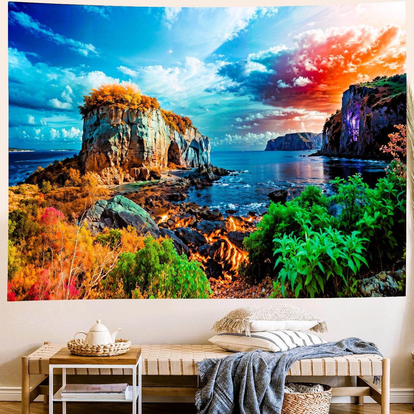 Delur Coastal Ocean Beach Tapestry Tropical Forest Tree Sunrise Sea Landscape Tapestry Wall Hanging Wave Sunset Nature Colorful Spiritual Headboard for Bedroom Living Room Home Decor (59.1" x 78.7")