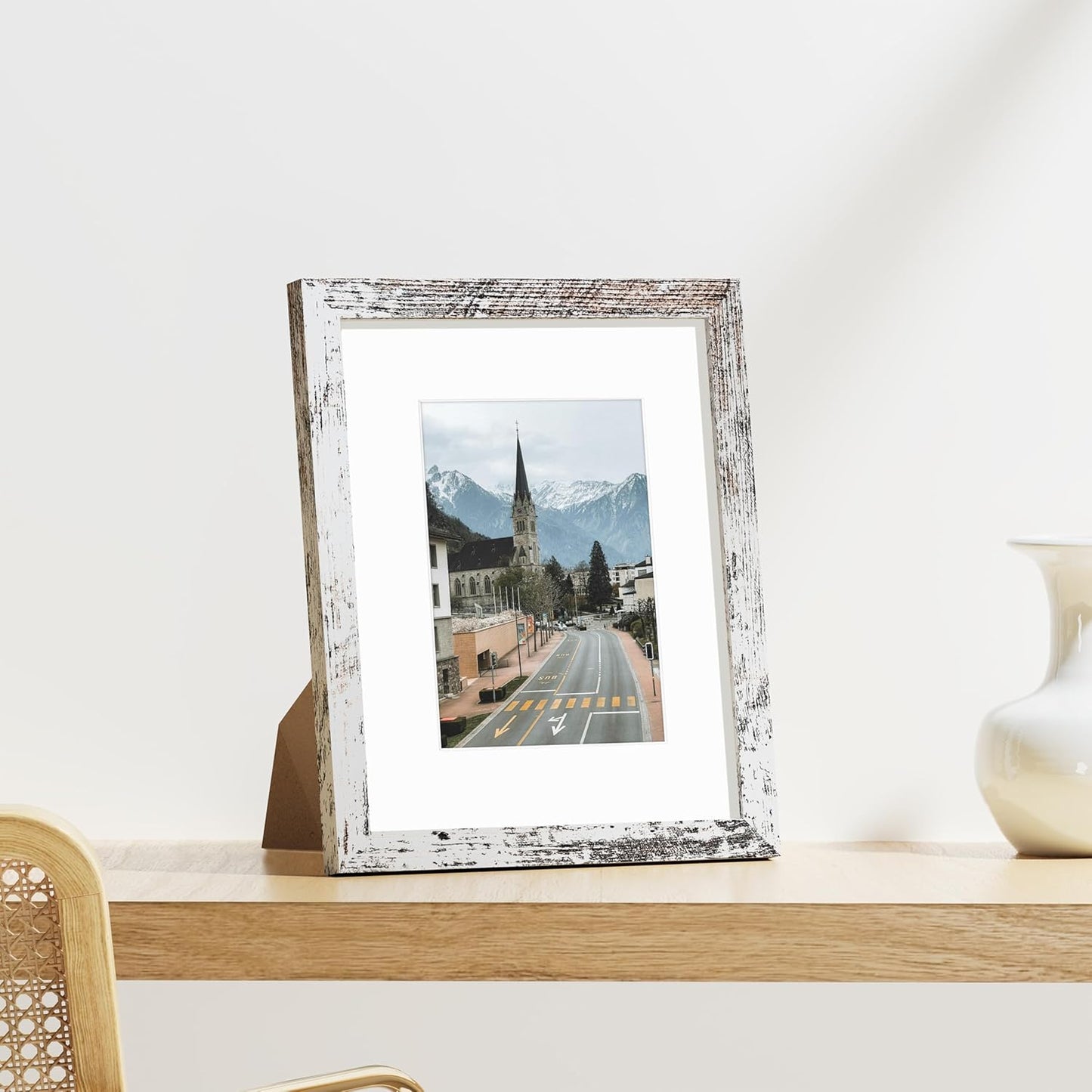 Vittanly 8x10 Picture Frames Set of 9, Shatter Resistant Plexiglass, Display 5x7 Pictures with Mat or 8x10 without Mat, Photo Frames for Wall or Tabletop, Engineered Wood, Distressed White