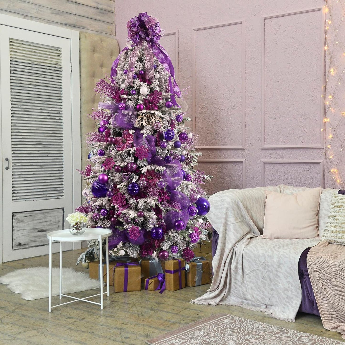 Clear Christmas Ball Ornaments,24ct Shatterproof Plastic Decorative Christmas Ornaments Hanging Xmas Tree Baubles Set with Stuffed Delicate Glittering Decorations for Holiday Party Home Decor(Purple)