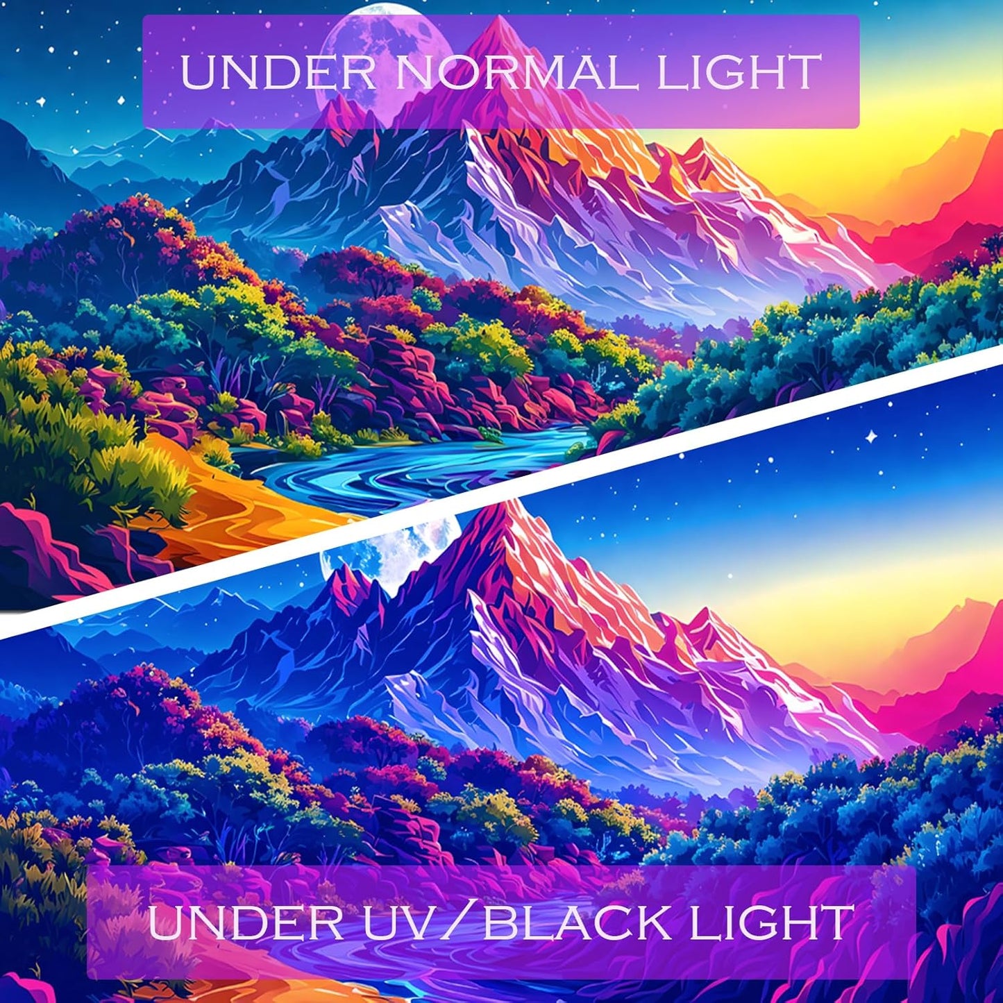 SparkLia Blacklight Sunset Mountain Tapestry – UV Reactive Forest Lake Wall Hanging, Neon Glow in the Dark Starry Sky Moon Nature Landscape for Bedroom, Living Room & Dorm Decor – 59.1" x 80"