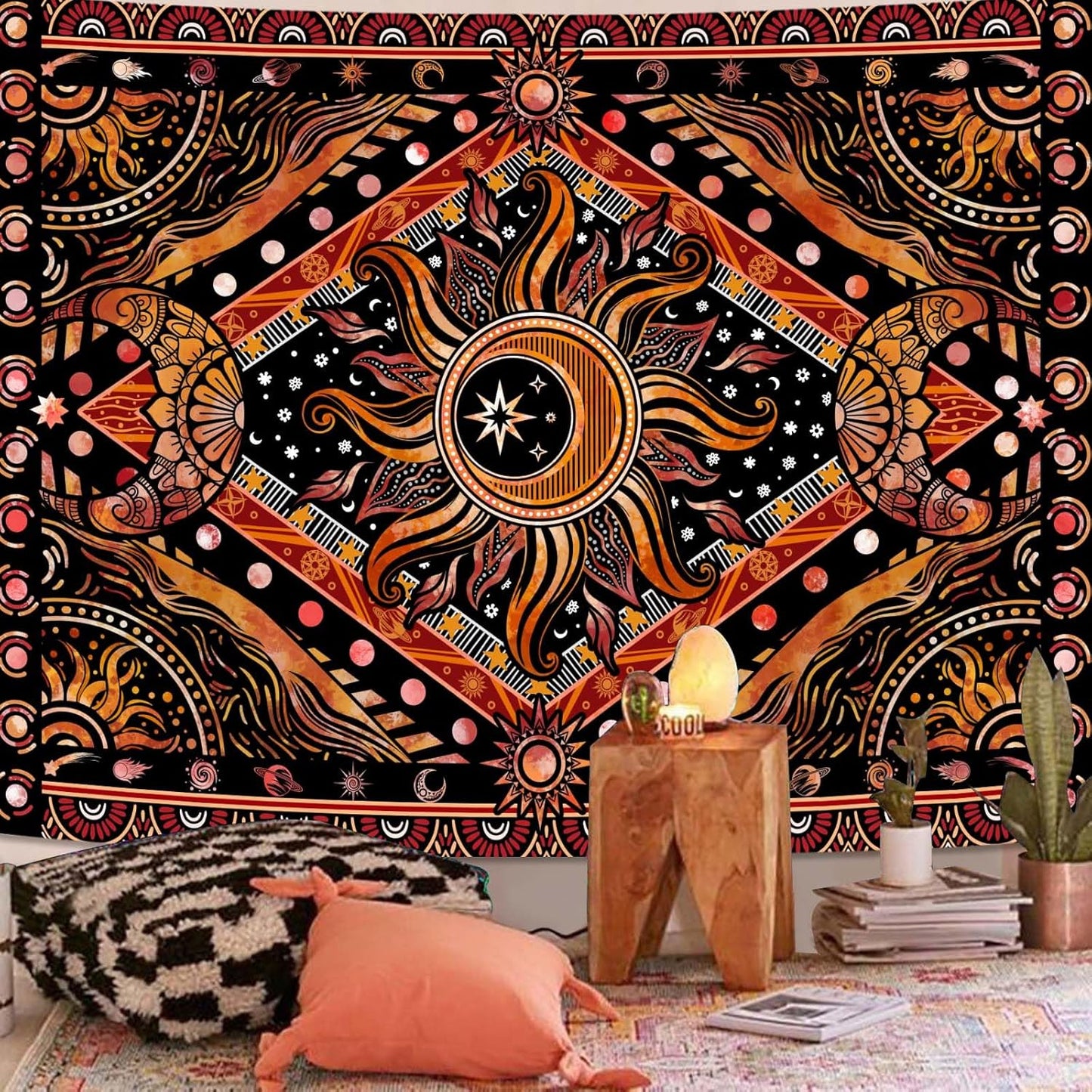 Lunerfex Hippie Sun and Moon Tapestry Bohemian Celestial Tapestry Aesthetic Tapestries for Bedroom and Living Room Decor Sun and Moon 60×80 Inches
