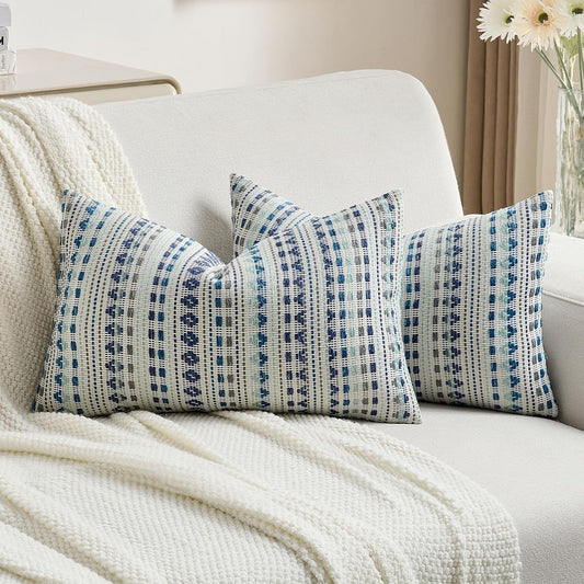 FUTEI Blue Grey Decorative Throw Pillow Covers 12x20 Inch Set of 2,Soft Cozy Chenille Jacquard Textured Pillow Case,Boho Home Decor for Couch Bed Living Room