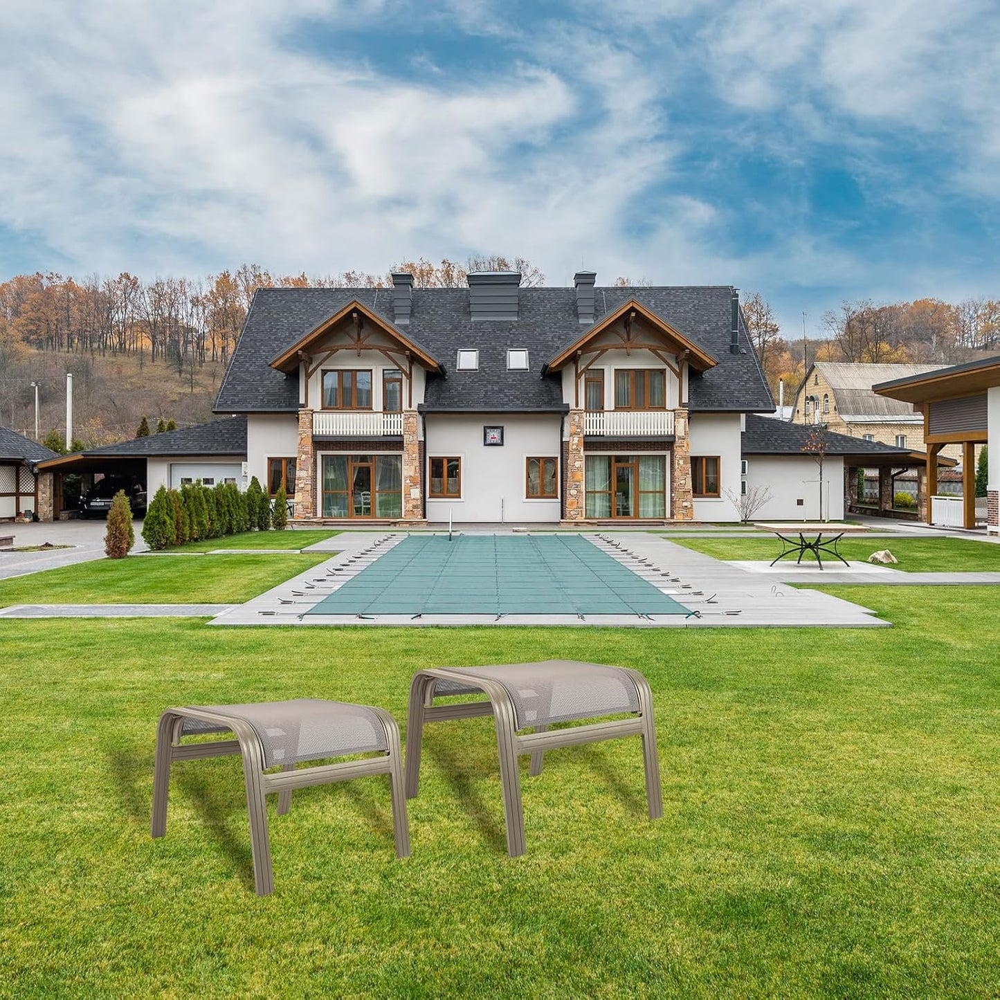 Outdoor Ottoman Patio Footstools Assembled Aluminum Footrest Side Table Small Chair Patio Ottoman for Garden,Balcony,Poolside 2 Set Champagne