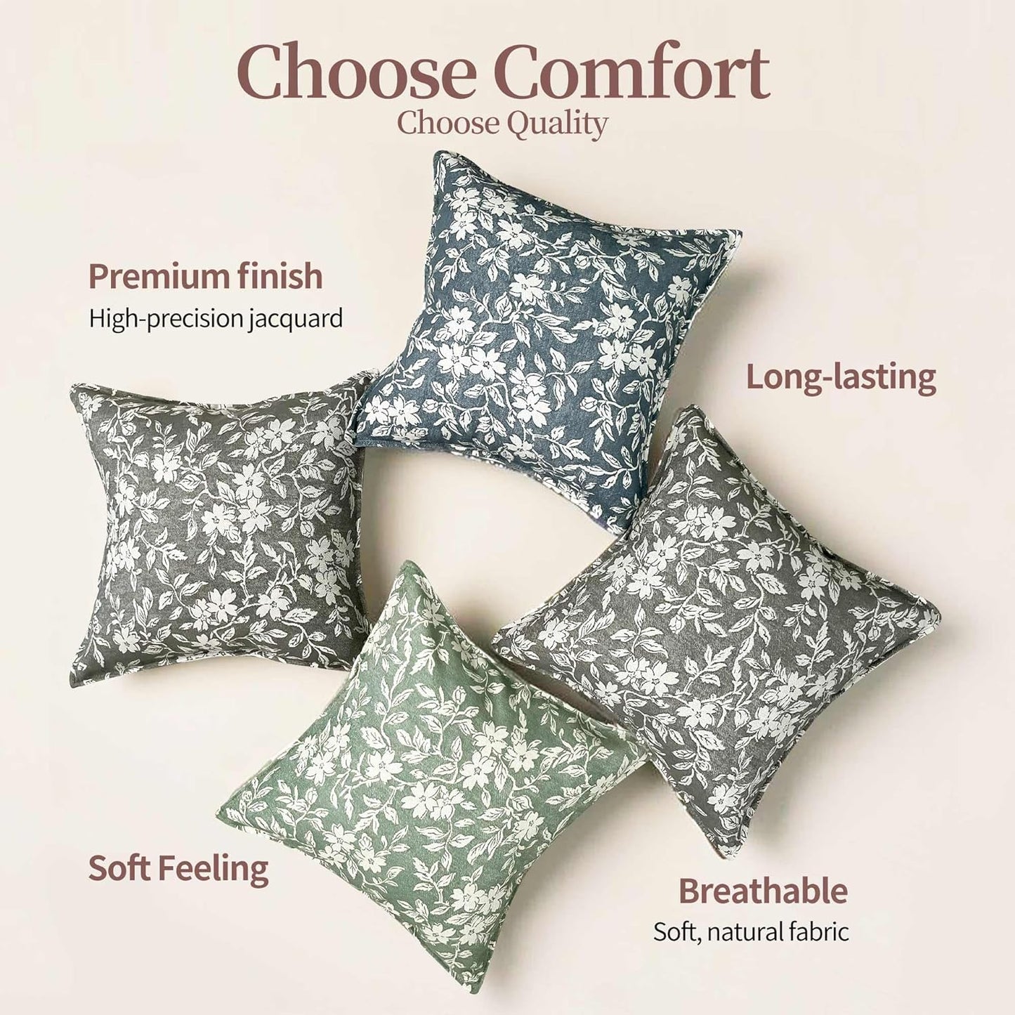 Gray Floral Pillow Covers 20x20 Pack of 2 Pillow Cover Jacquard Couch Pillows Vintage Flower Pattern Decorative Throw Pillowcases for Living Room