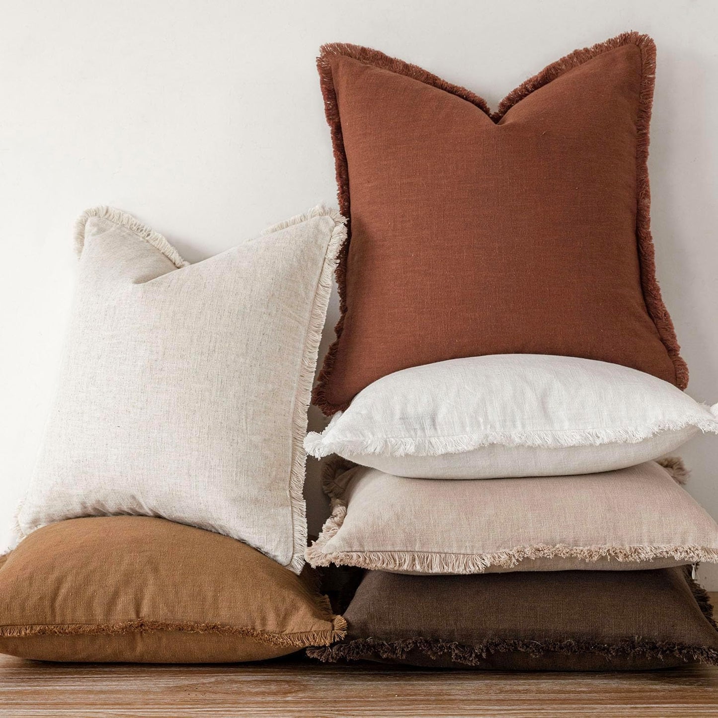 Foindtower Set of 2 Decorative Linen Fringe Throw Pillow Covers Farmhouse Cushion Cover with Tassels Soft Accent Pillowcase for Couch Chair Sofa Bed Living Room Home Decor,16×16 Inch,Fall Rust Orange