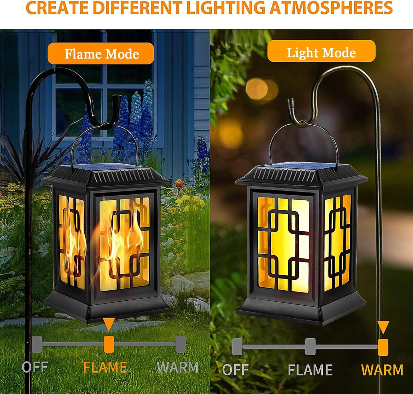 Flickering Solar Lantern Outdoor, Waterproof Hanging Flame Solar Powered Lantern for Pathway, Tabletop, Patio, Garden Decoratives (2 Pack)