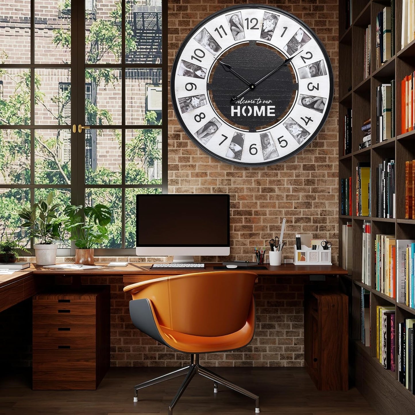 12 Photo Collage Rustic Farmhouse Wood Wall Clock,Large Wall Clock for Living Room Decor, Modern Big Wall Watch Battery Operated Decorative Clock with Personalized Frames for Bedroom,Wall Black