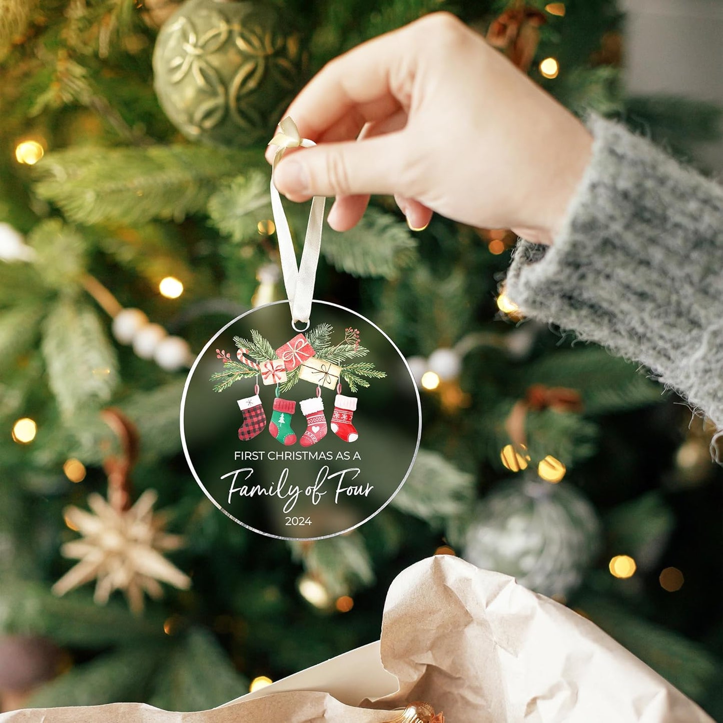 Family Christmas Ornaments 2024 - New Mom and Dad Gifts First Time 2024 - Our First Christmas as a Family of 4 Ornament - Acrylic Ornament 2024