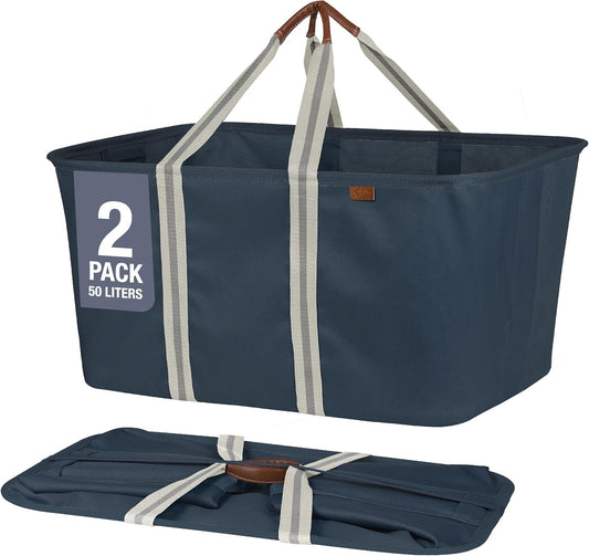 CleverMade Collapsible Laundry Tote - LUXE Navy Noir Cream 2Pack 50L - Foldable Storage Organization Container Clothes Laundry Room Storage Solution