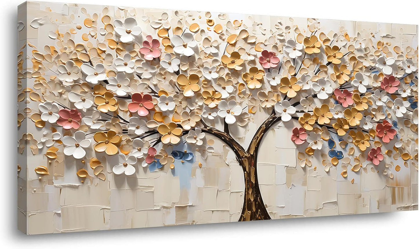 LASMOND White Spring Large Tree of Life Wall Art Office Decor Living Room Modern Painting Prints Pictures Abstract Floral Flower Nature Canvas Large Landscape Artwork (23x46 Inches)