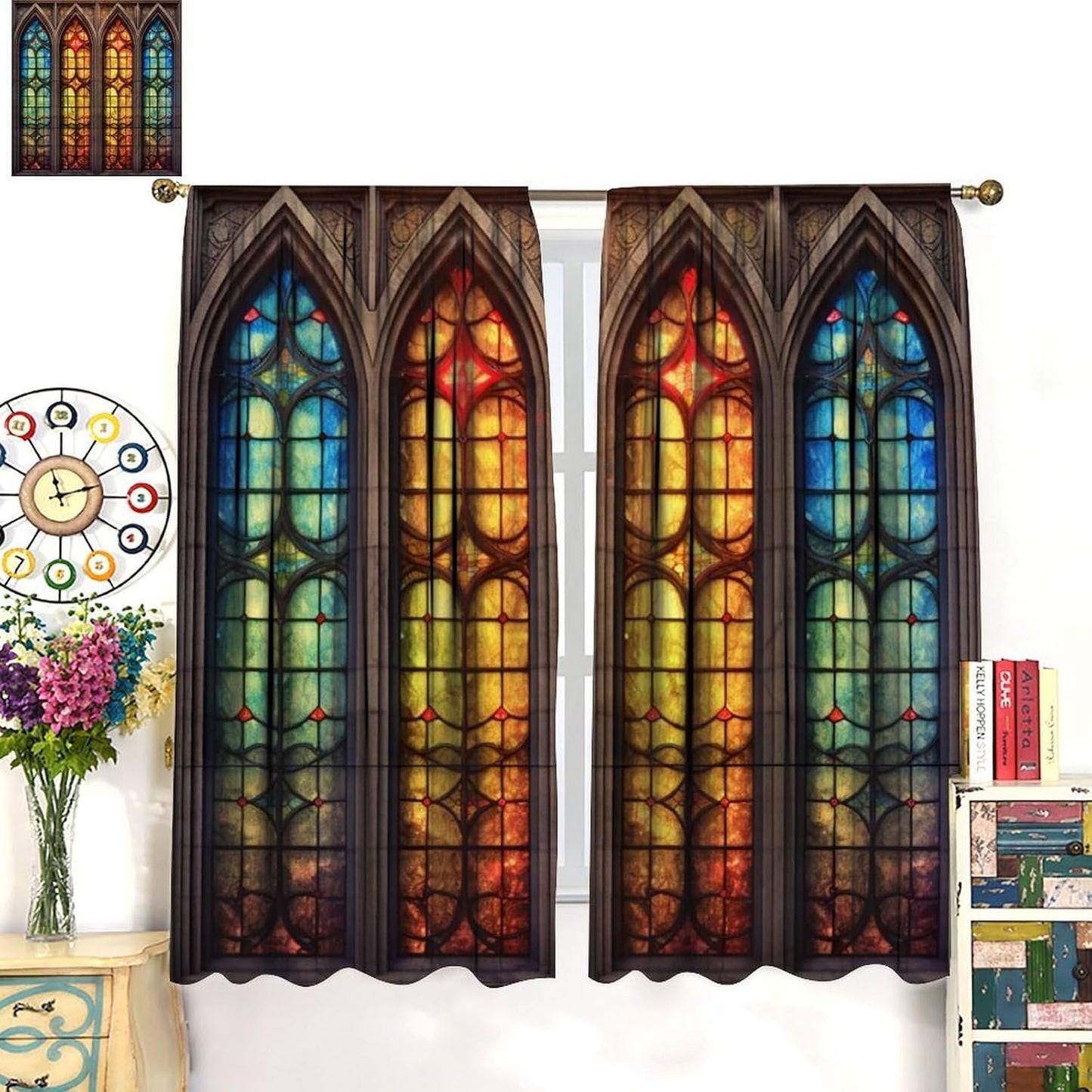 Stained Glass Curtains,Mid Century Vintage Style Abstract Art Home Decor Drapes for Bedroom Living Room Kitchen Window Treatment 2 Panels Set Total Size 63" W X 72" L Inch