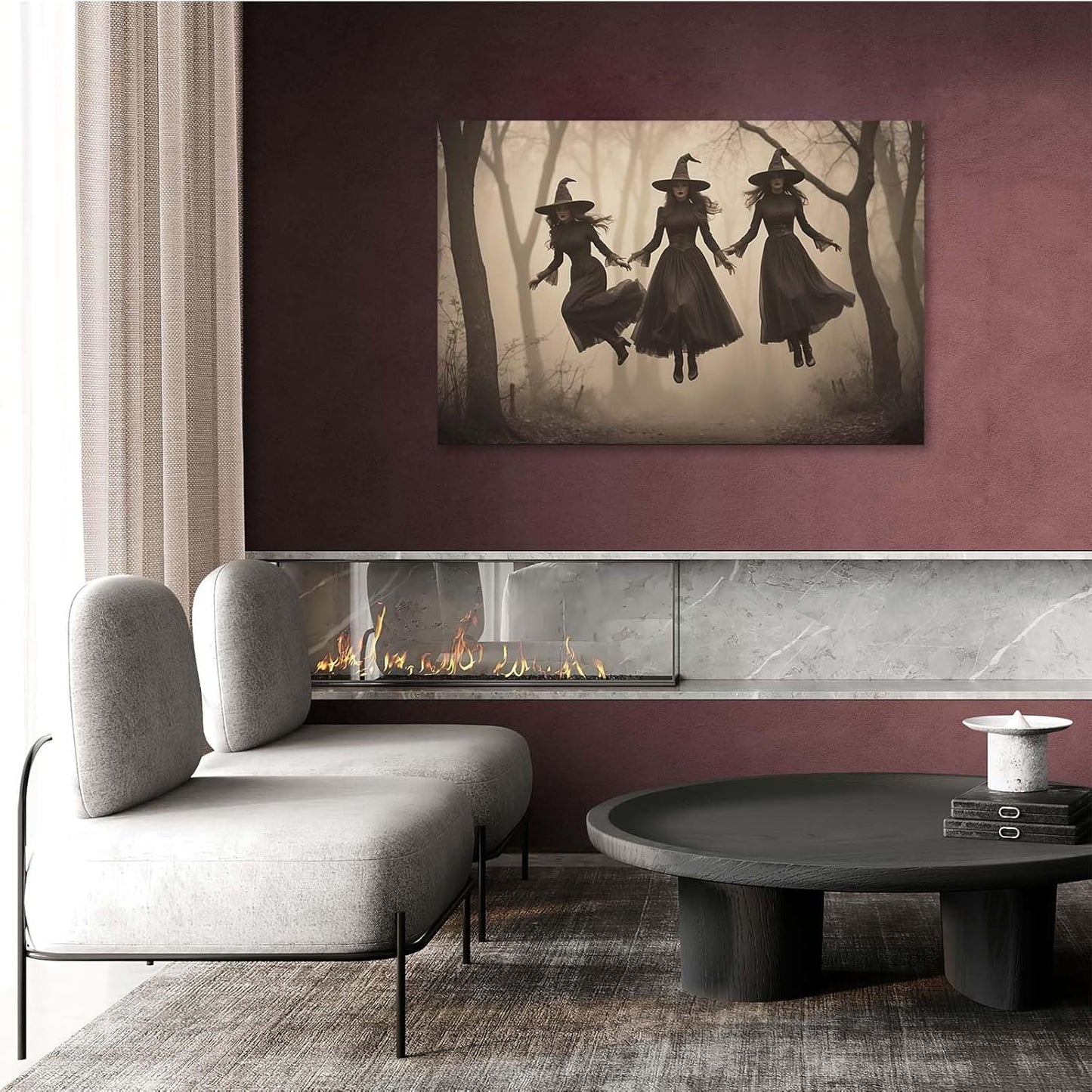 JFHCQJPK Three ghost witches flying in vintage forest gothic wall art witchcraft decoration holiday gift canvas wall art print12x16in Frameless