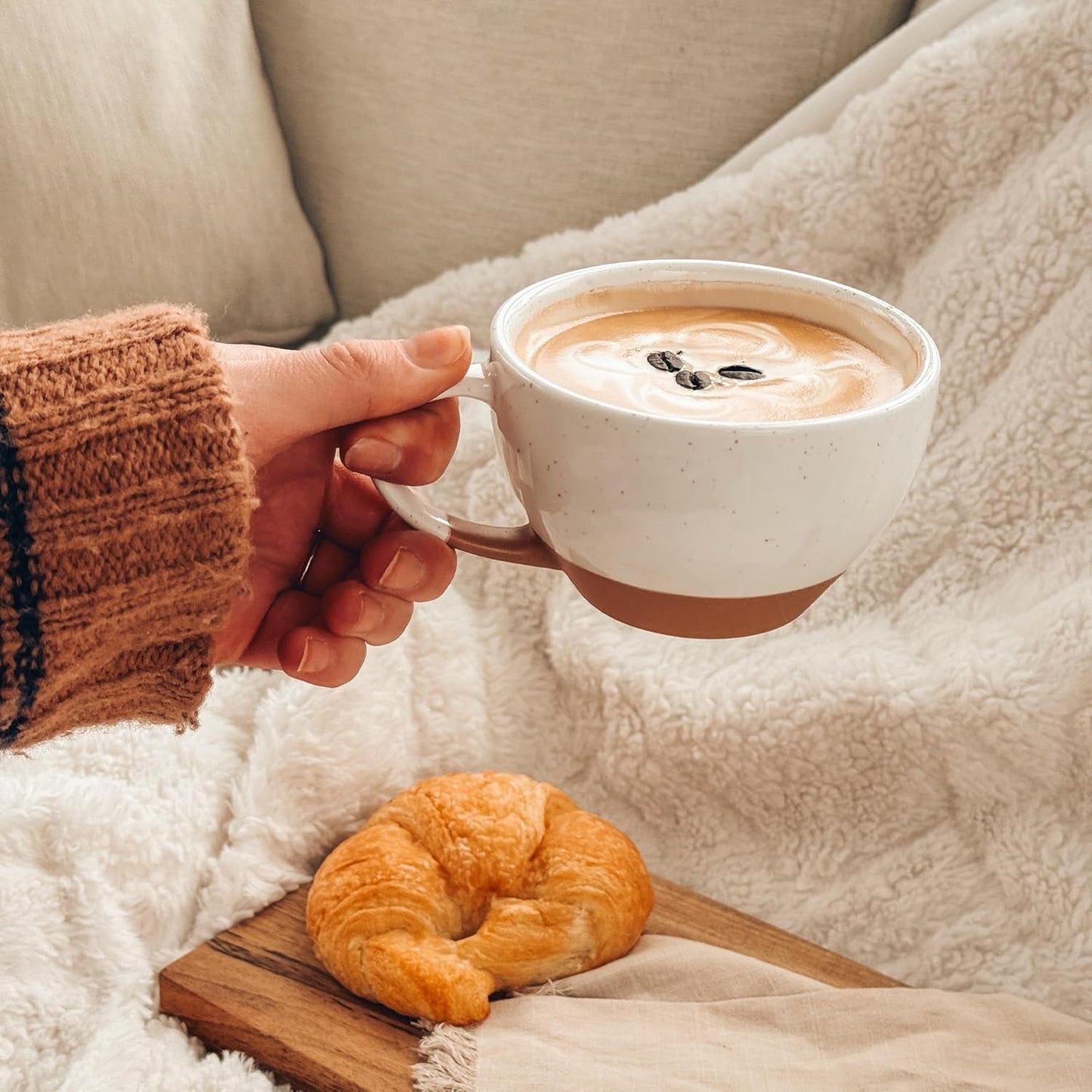 Mora Ceramic Latte Art Mug With Saucer - 10.5 oz, Round Bottom For Perfect Pours - Cafe Cups for Cappuccino, Espresso, Coffee, Tea etc - Porcelain Set for Baristas, Great Gift - Vanilla White