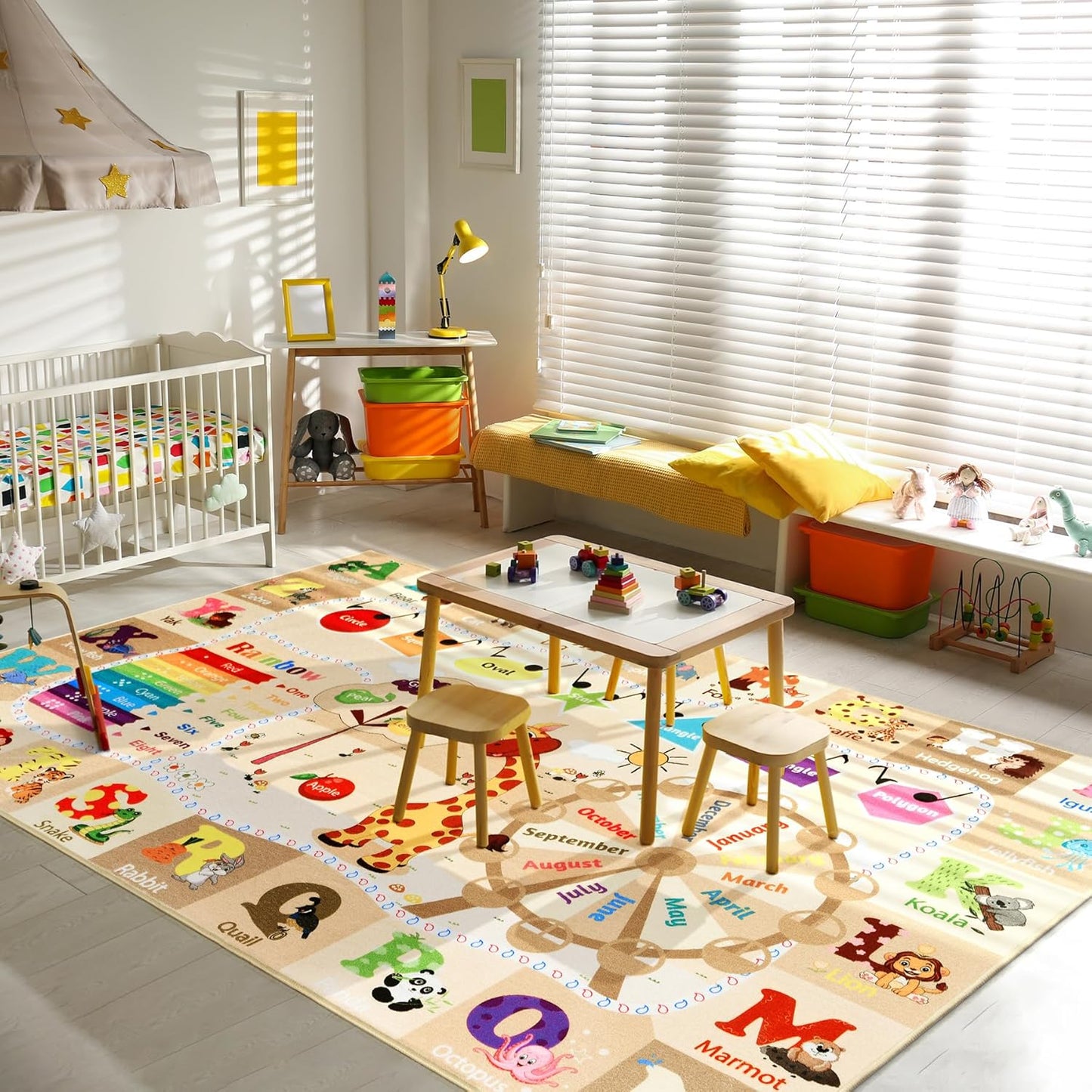 Kids Rugs for Playroom Washable, Educational and Fun Learning Rugs with ABC Alphabet Animals Shapes, Baby Toddler Children's Play Mat for Bedroom Classroom Nursery, 3x5 Feet, Beige and Pink