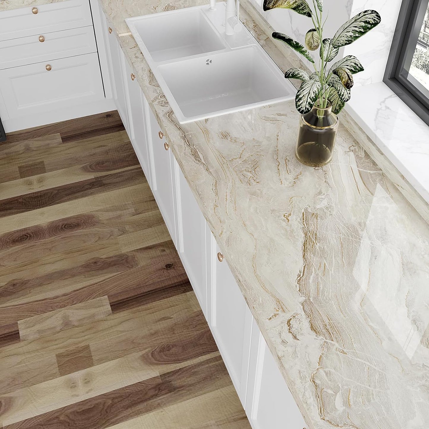 VEELIKE Glossy Beige Gold Marble Contact Paper for Countertops Waterproof Peel and Stick Countertop Contact Paper 24''x354'' Self Adhesive Vinyl Marble Wallpaper for Bathroom Kitchen Counter Top Cover