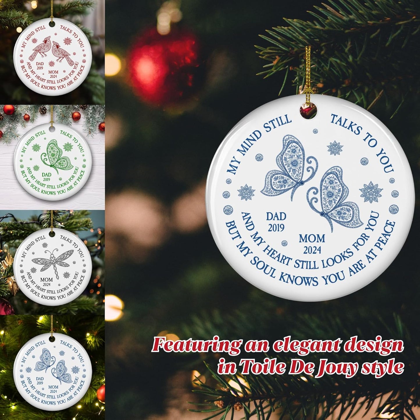 Personalized Memorial Christmas Ornament Toile De Jouy Style - My Mind Still Talks to You, Custom Name Remembrance Ceramic Ornament for Loss of Loved Ones, Sympathy Gifts for Deceased