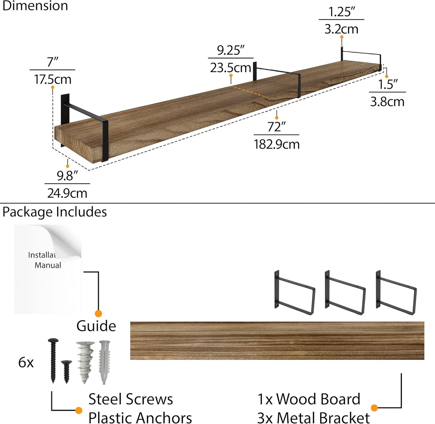 Wallniture Toledo 72 inch Floating Shelf with Heavy Duty Bookend Brackets, Wooden Shelves for Wall, 1pc, Burnt Finish
