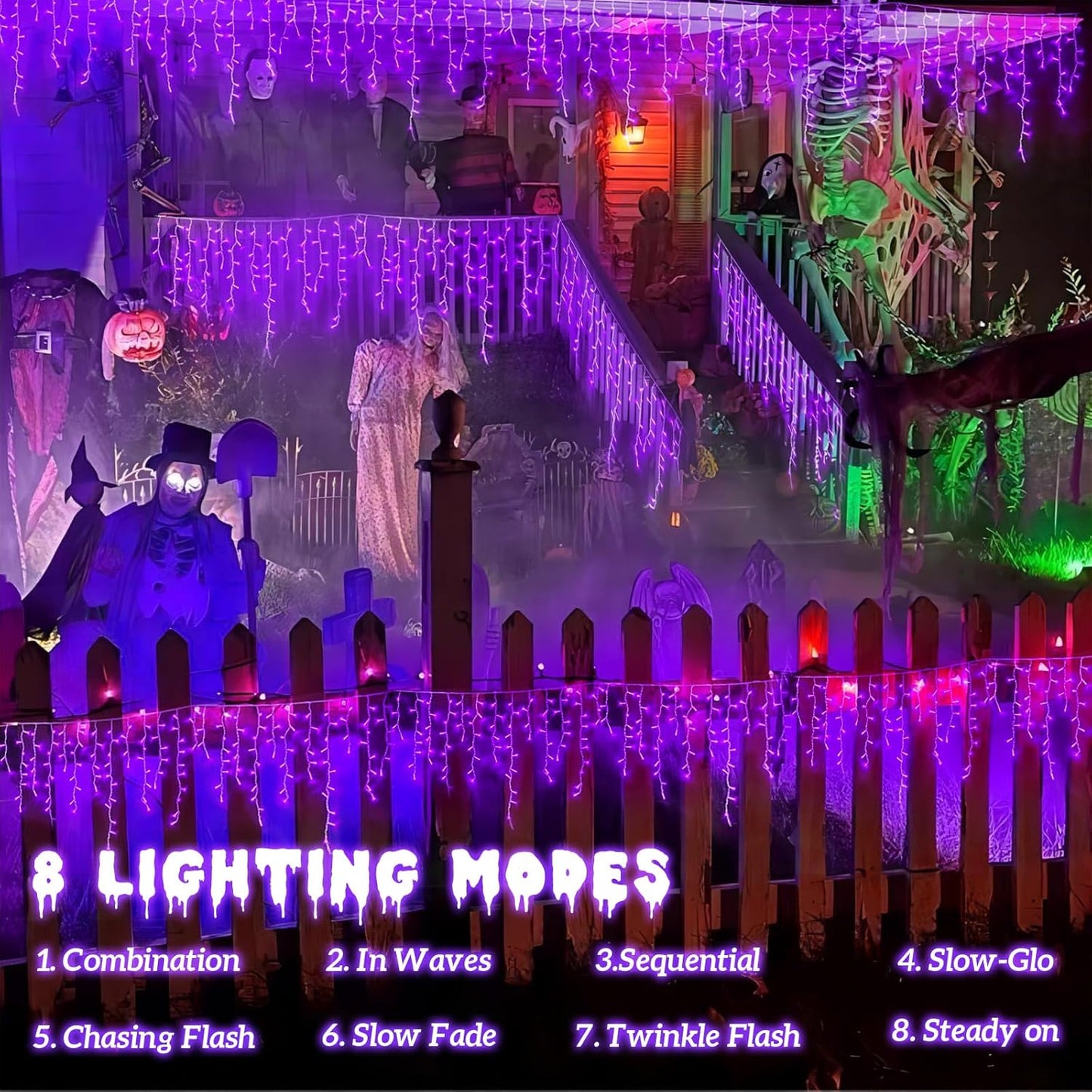 YEGUO 66ft 800 LED Purple Icicle Halloween Lights Outdoor Waterproof, 160 Drops Icicle Light Connectable, 8 Modes Christmas Lights with Memory Timer