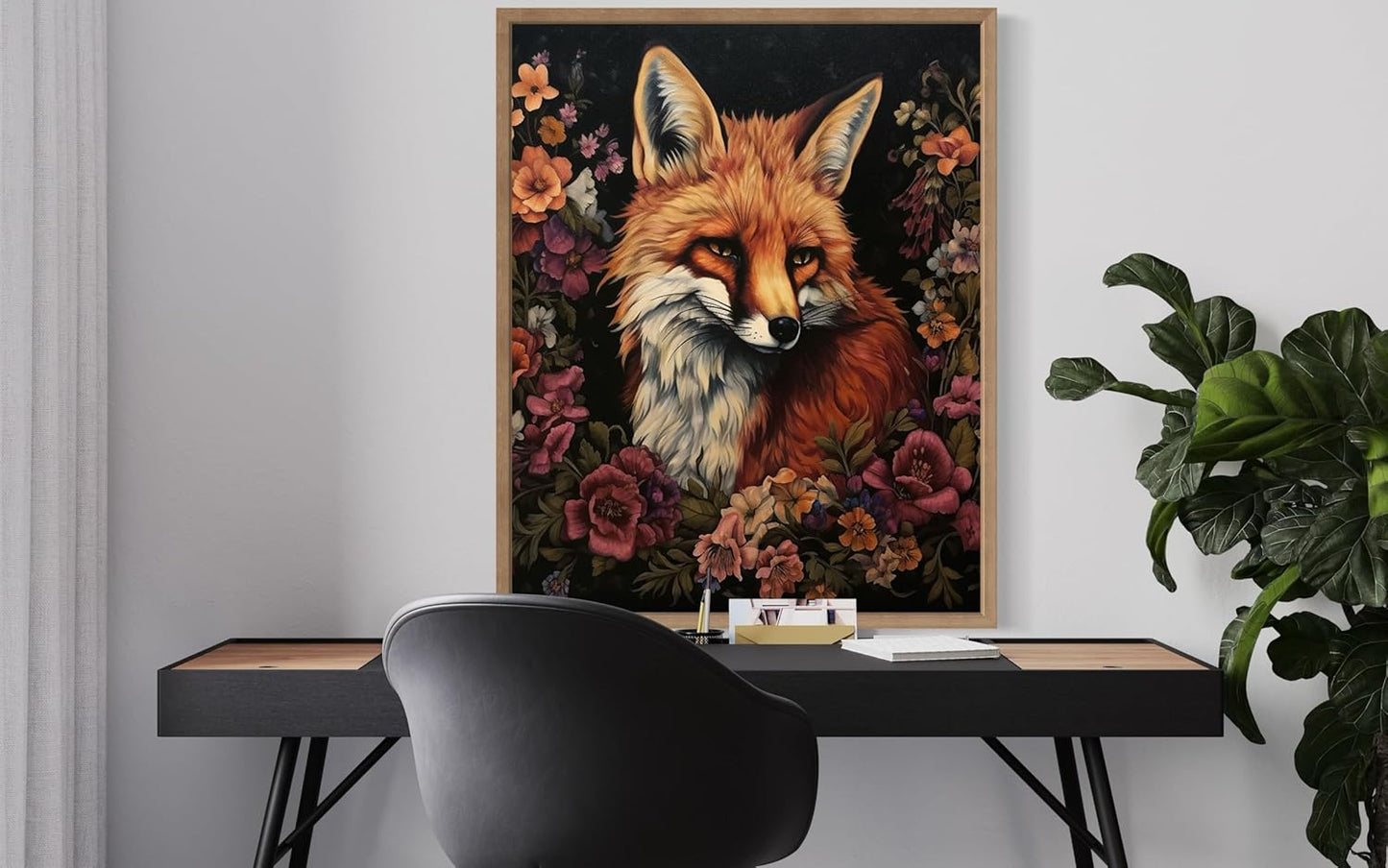 Fox and Flower Poster Art Print, Halloween Scary Vintage Wall Art Academia Spooky Painting Decoration for Horror Prints, Gothic Posters Bedroom Decor 89 (Fox and Flower, 16 x 20 inches, Wood Frame)