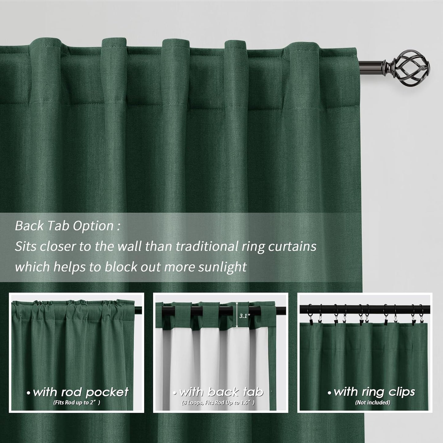 BOODII Linen Blackout Curtains for Bedroom 72 Inch Length 2 Panels Set Room Darkening Curtains Green Black Out Curtain Elegant Thermal Insulated Living Room Window Drapes Back Tab 52x72