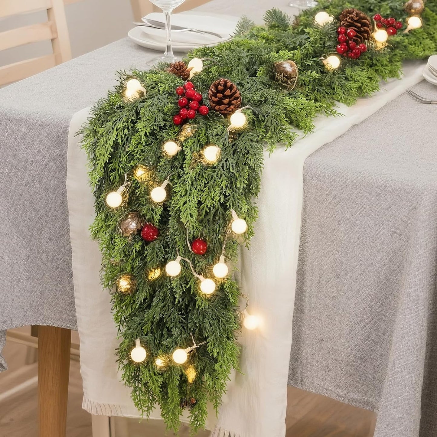 9FT Real Touch Cedar Garland for Fireplace - Artificial Christmas Garlands Realistic Faux Greenery Fake Pine Needles Garland for Holiday,Table, Window,Mantel,Stairs, Home,Indoor Outdoor Decor (2PCS)