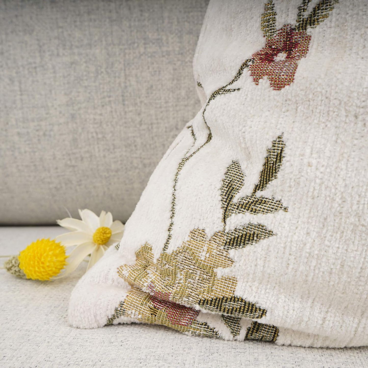 YOUR SMILE Embroidery Jacquard White Floral Leaf Pattern Square Decorative Throw Pillow Case Cushion Cover,18x18 inch