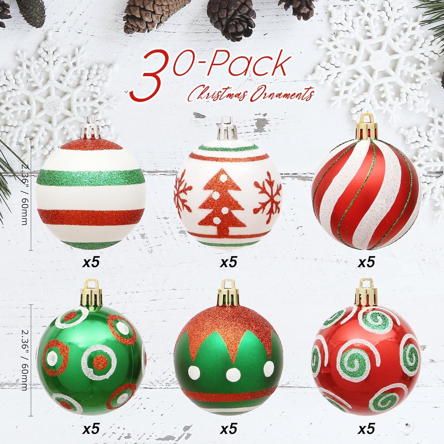 Sea Team 60mm/2.36" Set of Colorful Painted Sparkling Ornaments and Hanging Baubles for Christmas Tree - 30 Pieces