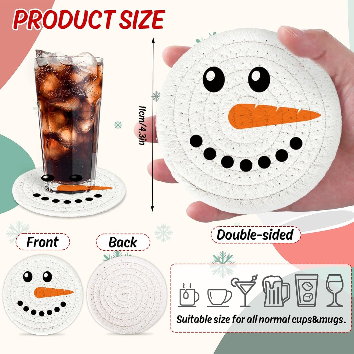 Whaline Christmas Cartoon Cotton Coasters Funny Santa Gingerbread Snowman Handmade Braided Drink Coasters Absorbent Cup Mats for Xmas Holiday Party Home Table Decor, Set of 4