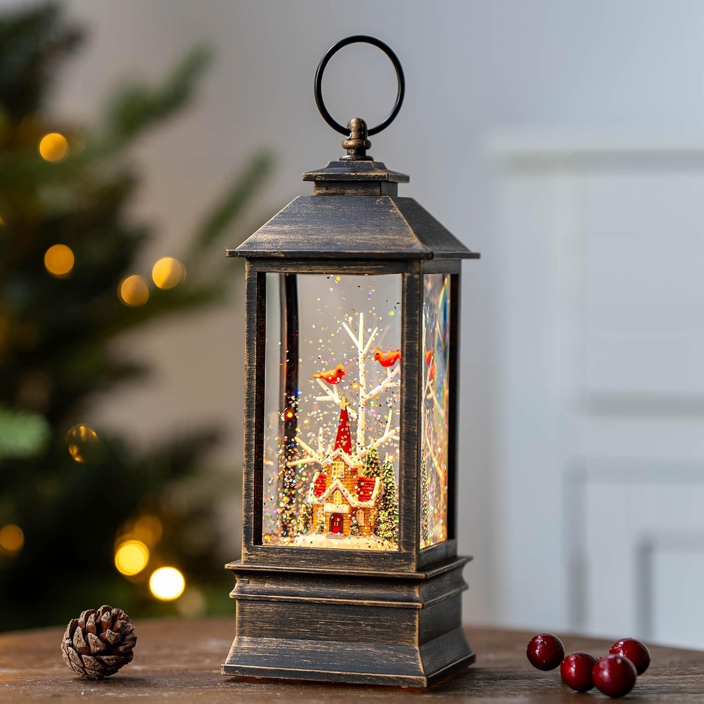 Christmas Snow Globe Lantern Water Glittering Cardinal & Church with Music & Timer, USB Lined/Battery Operated Lighted Lantern for Christmas Festival Decoration Gifts