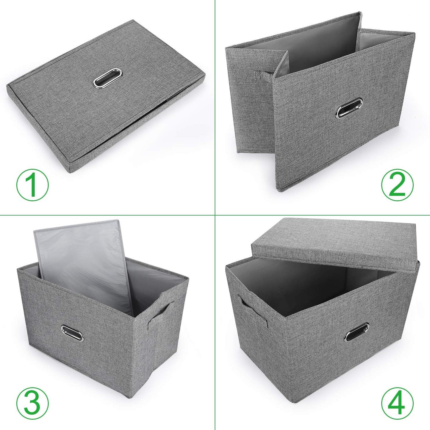 Large Linen Fabric Foldable Storage Bins with Removable Lid and Handles, Washable Storage Box Organizer Containers Baskets Cube with Cover for Bedroom,Closet,Nursery (Grey, Medium(2-Pack))