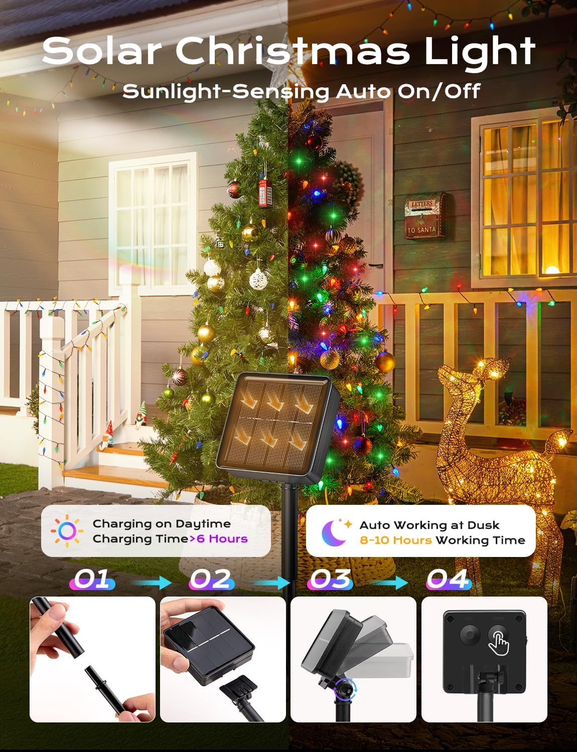 Brightown LED C6 Solar String Lights Outdoor Waterproof Fairy Lights, 22.64ft 50 LEDs Multicolor Solar Christmas Lights Outdoor, Christmas Decorations for Christmas Garden Yard Fence Patio Party Decor